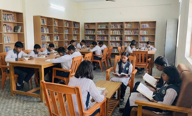 Comfortable seating area in a sunlit reading room