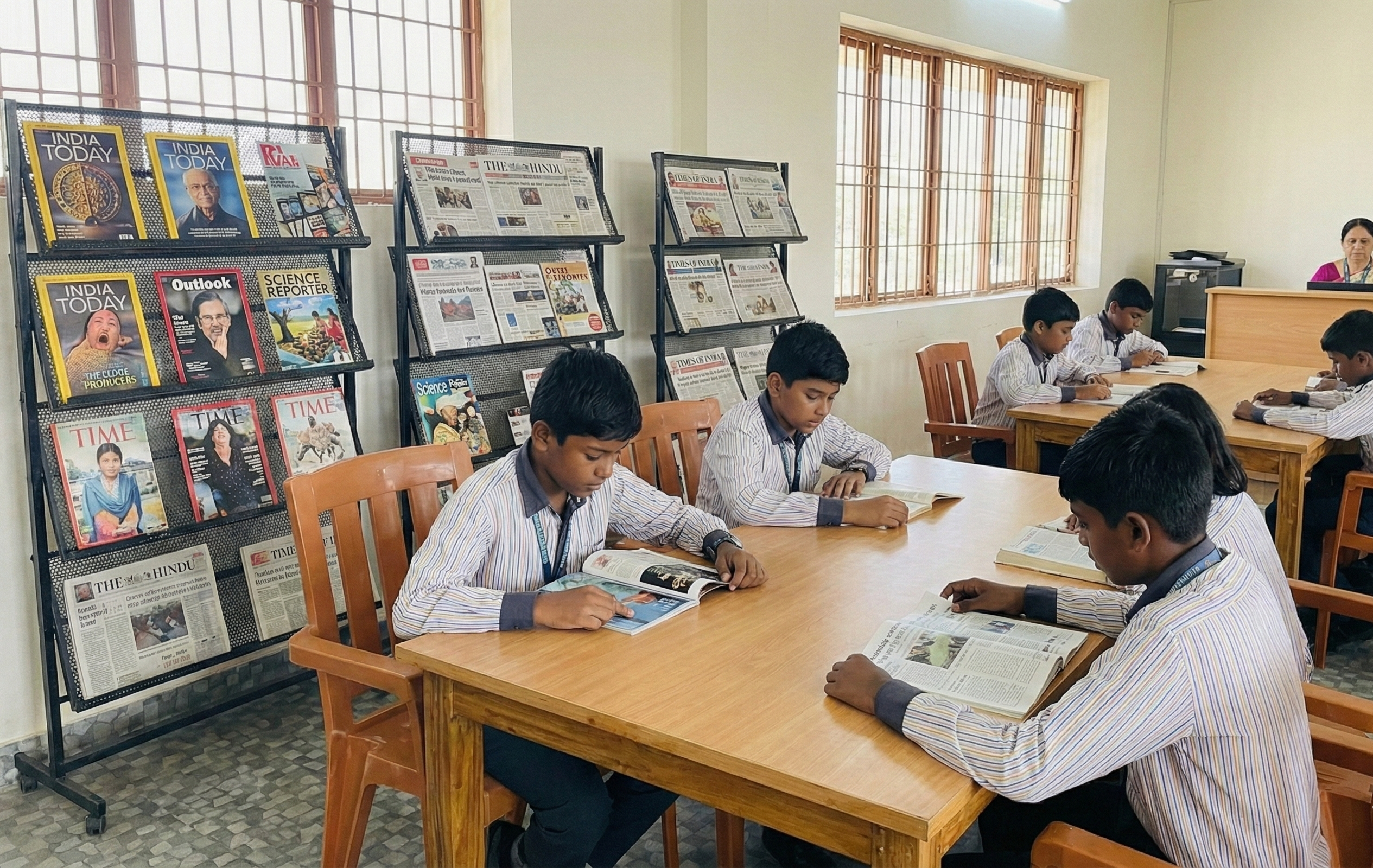 Display rack holding current magazines, journals, and newspapers