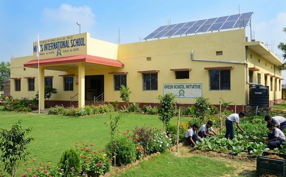 Solar panels on school roof overlooking a green campus garden